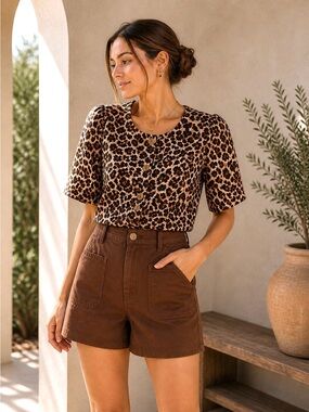 Olivia By Livro Leopard Print Cropped Cotton Blouse Brown Size L NWT